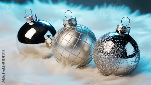 Three silver and black christmas ornaments on a fluffy white surface