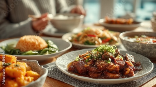 Traditional Asian meal with rice vegetables and glazed meat served at table. Generative AI