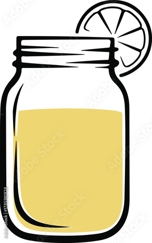 Hand drawn illustration of lemonade in a mason jar with lemon garnish