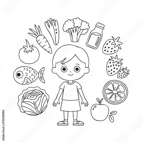 Boy with healthy food items arranged in a semicircle around him child cartoon