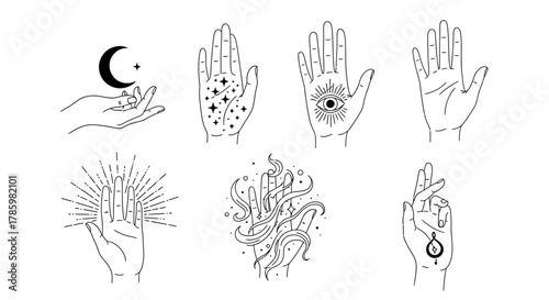 Line art illustrations of hands depicting various mystical and symbolic elements.