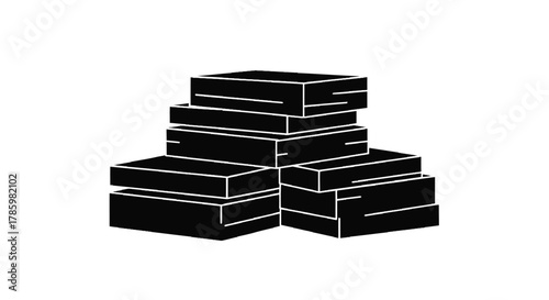 A stack of black rectangular boxes with white outline details on a white background