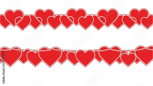 Decorative string of vibrant red hearts creating a festive border design, perfect for romantic celebrations and joyful occasions