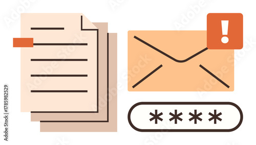 Documents, envelope with alert exclamation, and password entry highlight cybersecurity. Ideal for privacy, warning, communication, online protection, encryption, email safety simple flat metaphor