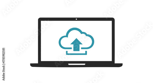 Digital illustration of a laptop screen displaying a cloud upload icon symbolizing data transfer and cloud computing services