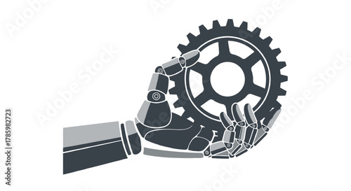 Robotic hand holding a mechanical gear symbolizing automation industry and technological advancement in a clean modern design
