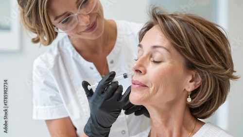 aesthetic specialist performing a facial filler injection on a mature woman