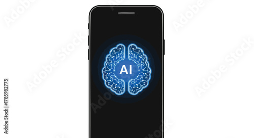 Smartphone screen displays a glowing blue digital brain with the letters ai inside representing artificial intelligence technology