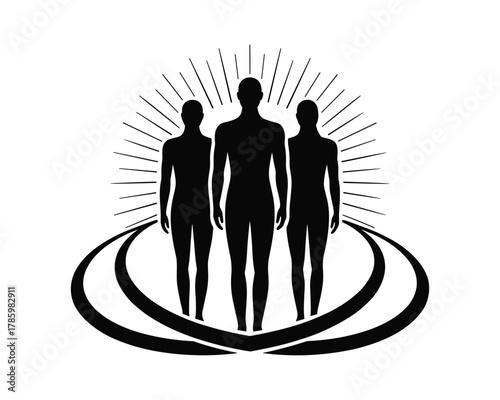 Three silhouetted figures standing together in a circle with radiant light behind them