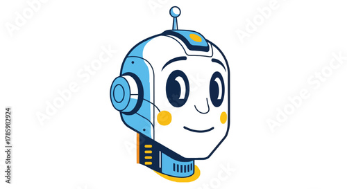 Friendly cartoon robot head with big eyes and a smile representing artificial intelligence and technology