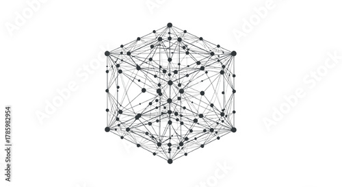 Abstract geometric network structure with interconnected nodes and lines forming a complex three dimensional shape on a white background