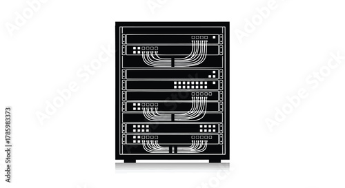Server rack with multiple network switches and cables connected representing data center infrastructure and technology