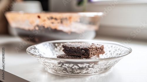 Homemade chocolate brownies on a clear glass plate in bright kitchen. Generative AI