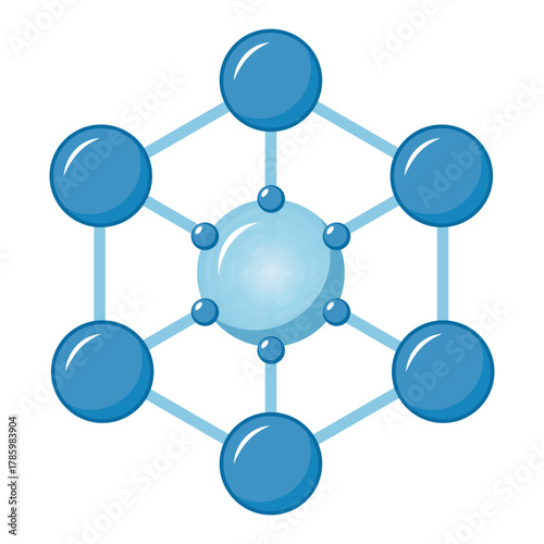 Blue molecular structure illustration depicting interconnected atoms and bonds in science