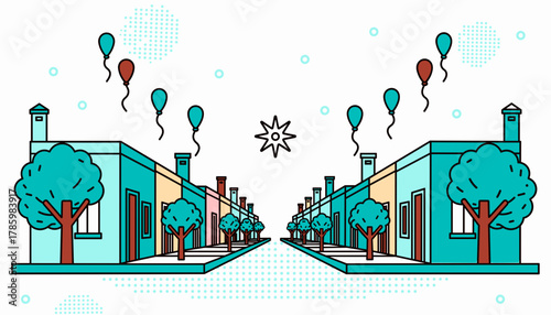 Colorful Mexican street with balloons during festive Las Posadas celebration
