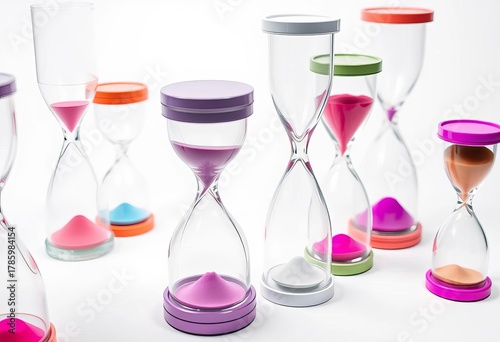 Multiple glass hourglasses arranged on a pristine white background, showcasing diverse shapes and sizes,  collection,   light