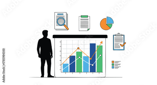Business analytics concept with a person observing charts and graphs representing data analysis and financial growth