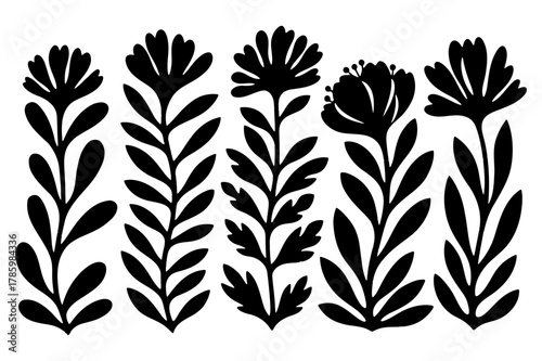 Set of five black stylized folk art flower silhouettes with leaves