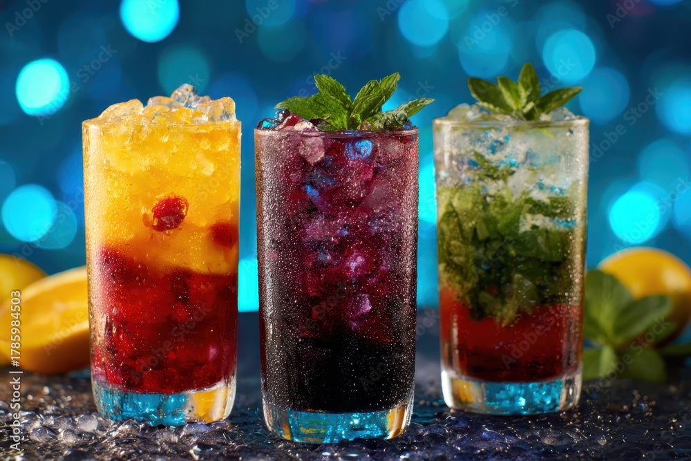 Obraz premium Festive Holiday Cocktails. Glasses of cocktails with Christmas decoration, blue neon bokeh lights background. Season drink set. Vibrant colorful display of various winter drinks. New Year celebrations