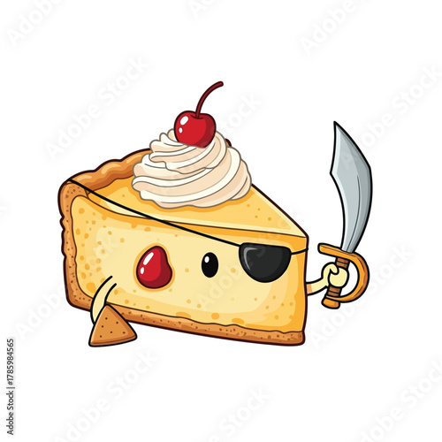 Cheesecake pirate cartoon character, holding sword and wearing eye patch, red cherry, and whipped cream
