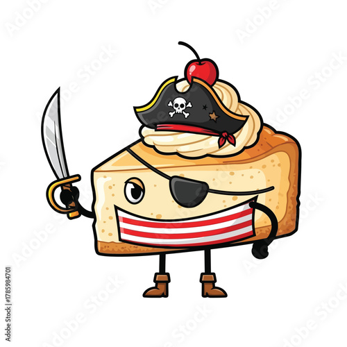 Cheesecake pirate cartoon character, holding sword and wearing eye patch, pirate hat, red bandana, and red and white striped shirt
