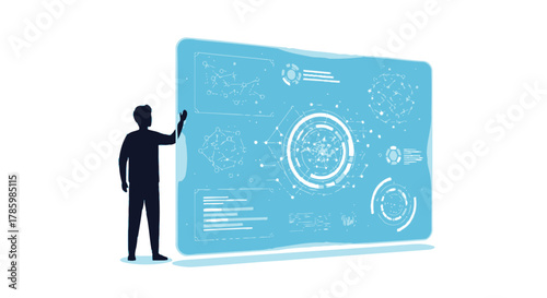 Silhouette of a person interacting with a futuristic digital interface displaying complex data visualizations and network diagrams
