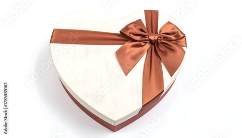 Top view of a heart-shaped gift box with a contrasting ribbon and bow, possibly containing chocolates or other treats, isolated on white