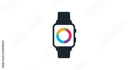 Smartwatch displaying a colorful circular progress chart or data visualization on its screen against a white background