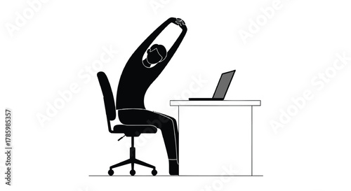 Silhouette of a person sitting at a desk and stretching their arms overhead while using a laptop computer