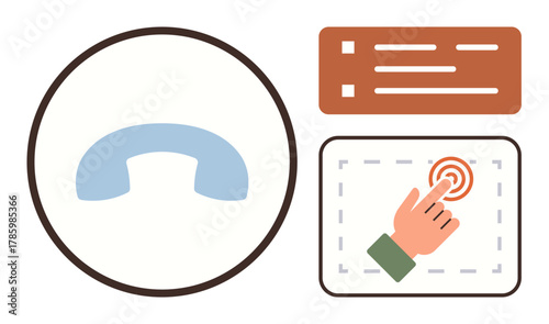 Blue phone receiver in circle, touch interaction pointing at button design, minimal text cards. Ideal for communication, technology, contact, user interface, UX design, networking customer service