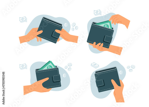 Hands holding wallets with paper money stock illustration.