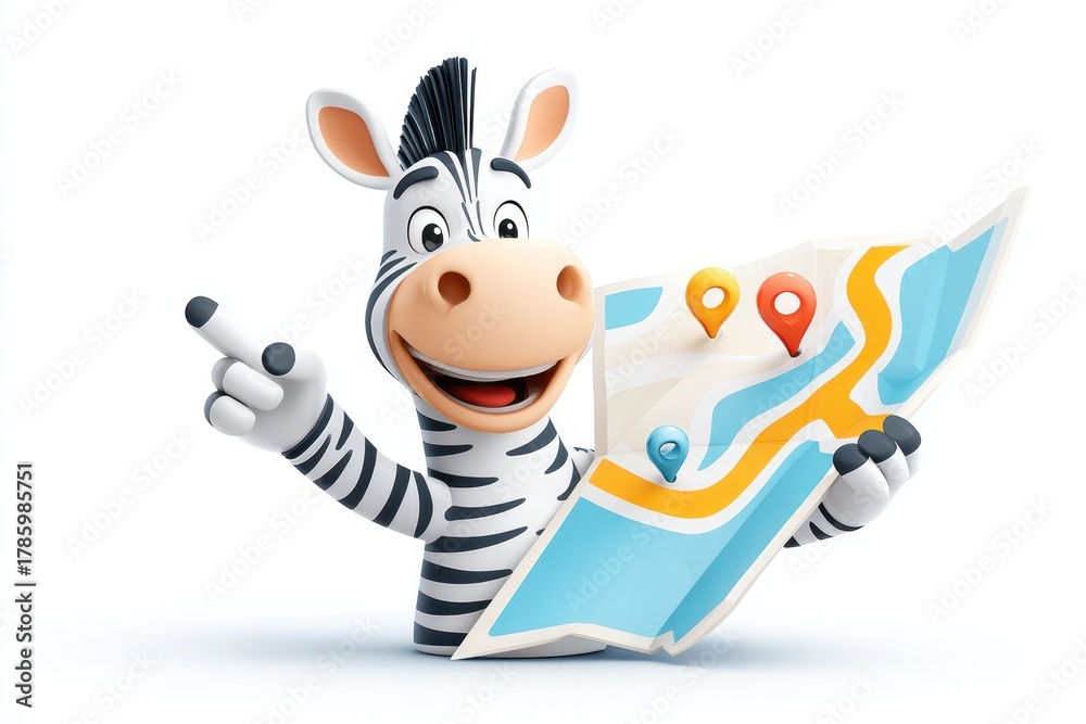 Fototapeta premium Cheerful cartoon zebra with a map