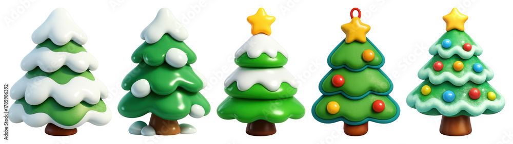 Fototapeta premium PNG Festive cartoon Christmas tree collection, element set on transparent background