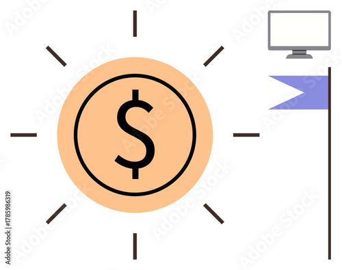 Large dollar coin radiating lines, computer screen, and flag. Ideal for finance, savings, goals, business, investment leadership economic progress. Simple flat metaphor