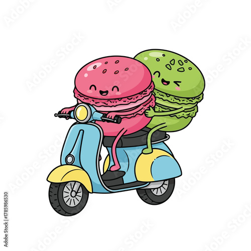 Two cute macarons cartoon characters riding a scooter funny dessert with helmet having fun with transportation