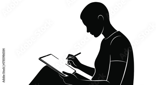 Silhouette of a person drawing on a digital tablet with a stylus pen focused on creative work
