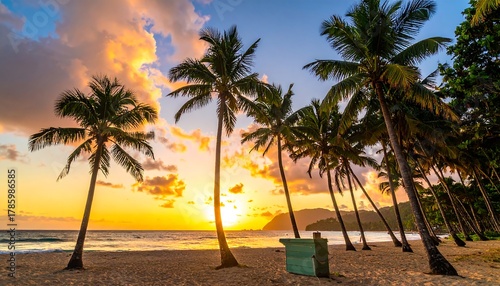 Fototapeta Naklejka Na Ścianę i Meble -  Tropical beach sunset with palm trees and vibrant sky.