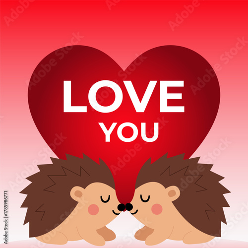 Adorable Valentine’s artwork showing two hedgehogs touching noses beneath a big red heart with the words “LOVE YOU.” Warm colors create a romantic and tender mood.