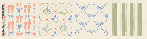 Hand drawn coquette seamless pattern collection with a charming floral whimsical design. Soft, pastel and nostalgic, perfect for textiles, wallpaper, wrapping paper and romantic vintage decor.
