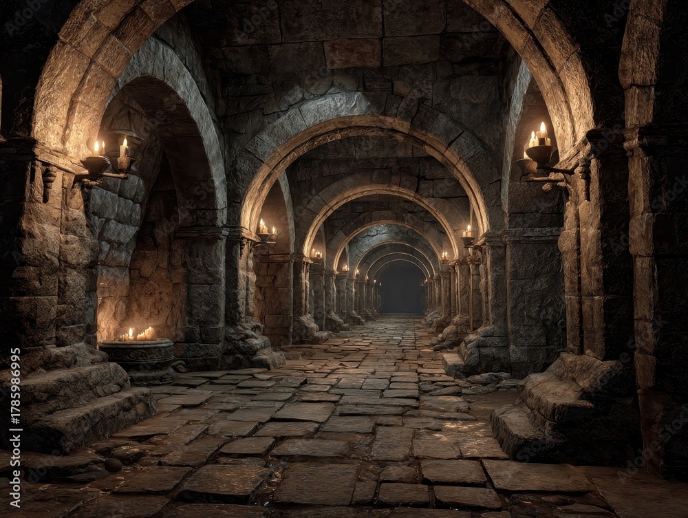 Obraz premium Mysterious Stone Dungeon Hallway with Arched Ceilings and Candle Sconces Illuminating a Long, Empty Underground Corridor Ancient Castle Crypt Passage