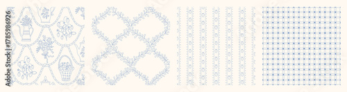 Hand drawn cottage core seamless pattern collection with a charming whimsical floral and ribbon bow design. Soft blue pastel and nostalgic print. Perfect for textiles and romantic vintage decor.