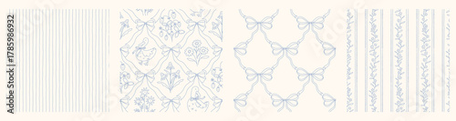 Hand drawn cottage core seamless pattern collection with a charming whimsical floral and ribbon bow design. Soft blue pastel and nostalgic print. Perfect for textiles and romantic vintage decor.