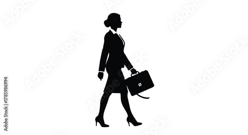 Silhouette of a professional businesswoman walking with a briefcase conveying ambition and success in the corporate world