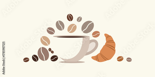 A charming flat illustration depicting a delightful morning scene with a stylized coffee cup, aromatic coffee beans, and a freshly baked croissant, perfect for breakfast themes and cafe designs