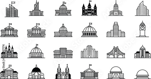 CAD drawing flat vector illustration, building architecture icon grid set, civic infrastructure graphic, urban planning design template, construction outline symbol collection