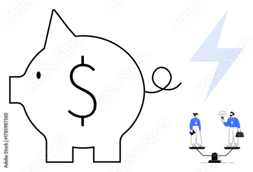 Piggy bank with dollar sign, lightning bolt symbolizing energy, and two individuals balancing on a seesaw. Ideal for finance, budgeting, innovation, teamwork, sustainability, decision-making