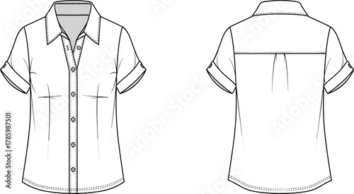 Technical flat sketch short sleeve button up shirt front and back view, fashion design template, apparel construction, garment vector illustration