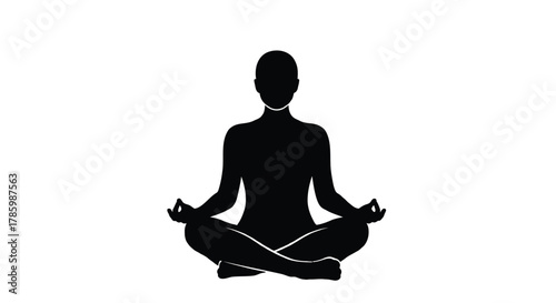 Silhouette of a person meditating in a lotus pose with hands in gyan mudra against a white background