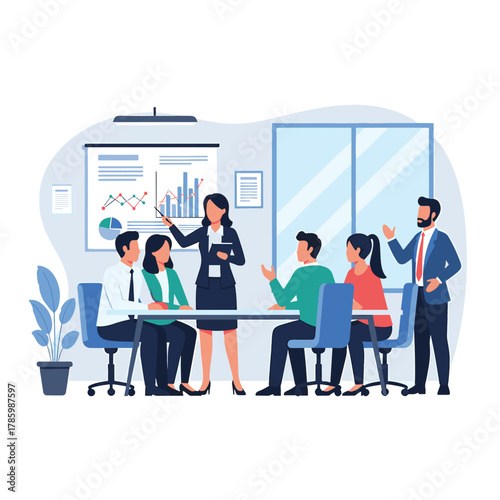 Business team in a meeting with a presentation and a woman leading the discussion