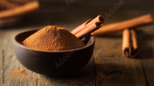 Ground cinnamon powder in a wooden bowl with cinnamon sticks. Generative AI